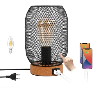 Holz Tischlampe mit Stecker und Schalter Retro E27 Tischleuchte Touch Dimmbar Nachttischlampe mit 2 USB Anschlüssen Industrial Tischbeleuchtung für Schreibtisch Wohnzimmer Kinderzimmer Büro Nachtlicht