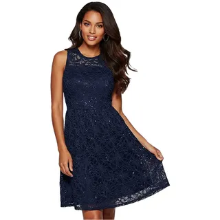 feminines Damen Abend-Kleid mit schöner Spitze und Pailletten Mini-Kleid 925997 Blau - 32