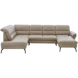 Beldomo Speed Wohnlandschaft, Beige, Metall, Echtleder, Semi-Anilinleder, 5-Sitzer, U-Form, 336x206 cm, Goldenes M, erweiterbar, Typenauswahl, Fußauswahl, Lederauswahl, Sitzqualitäten, seitenverkehrt erhältlich, Bettfunktion Hocker individuell planbar, Wohnzimmer, Sofas & Couches, Wohnlandschaften, Wohnlandschaften in U-Form