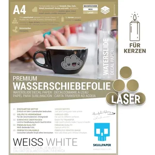 SKULLPAPER® Wasserschiebefolie WEISS für Laserdrucker - hauchdünn DIY Decal Abziehbild - Nassschiebefolie für Keramik, Glas, Kerzen, Metall, Kunststoff, Modellbau (A4-8 Blatt)