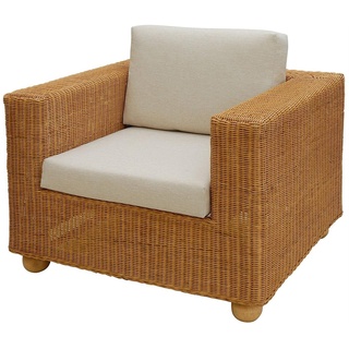 Krines Home Sessel Breiter Rattan-Sessel Lounge mit Sitz- und Rückenpolster Beige (Honig), Wohnzimmersessel aus echtem Rattan gelb