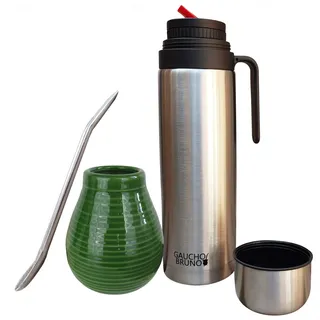 Gaucho Bruno Yerba Mate-Becher, Strohhalm, Flask im Set - Keramik-Kürbisflasche, Edelstahl-Bombilla & 1-L-Flasche mit rotem Ausgießer - Mehrweg-Trinkset für Heim- & Reisegetränke – Dunkelbraun - Grün