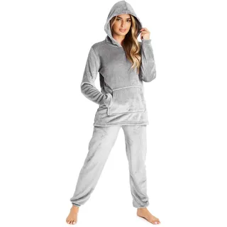 CityComfort Schlafanzug Für Damen, 2-Set Pyjama Mit Lange Oberteile Und Hosen, Polar Fleece Hausanzug, Kuschelige Und Warmes Flanell Nachtwasche, PjS Für Frauen, Geschenke Für Damen (L, Dunkelgrau) - L