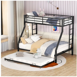 SOFTWEARY Etagenbett Metallbett mit 3 Schlafgelegenheiten und Lattenroste (90x200 cm/140x200 cm), Kinderbett mit Rausfallschutz schwarz