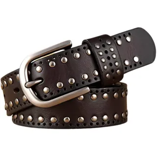 YOPADO Damen Punk-Rock Gürtel Echtleder mit Nieten,Unisex Mode Nietengürtel Ledergürtel Leather Belt Verstellbare Größe für Jeans Hosen (110cm/waist:36"~38", Brown)