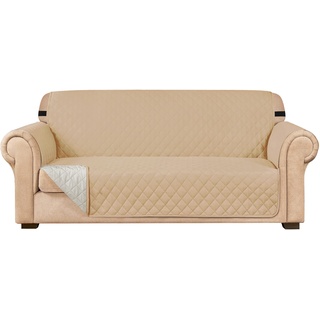 subrtex Gesteppt Sofabezug Reversibel Sofaüberwürfe mit Gummiband schonbezug Sesselschoner Sesselhusse mit Armlehnen für Wohnzimmer Sofas(2 Sitzer,Sand)