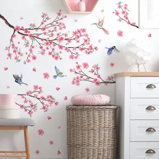 Wandtattoo Mit Rosa Kirschblüten, Wanddekoration Für Schlafzimmer, Wohnzimmer Oder Fenster, Blumenmuster Mit Weinreben Und Vögeln