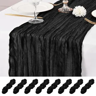 8 Stück Schwarz Tischläufer, 55 x 300 cm Schwarz Seihtuch Tischläufer, rustikale Gaze romantischer Langer Stoff, 3M Langer Tischläufer für Hochzeit, Party, Brautparty, Babyparty