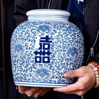 XIUWOUG Vintage Blau und Weiß Ingwer Glas mit Deckel für Chinoiserie Dekor Alte große Kanister Chinesische dekorative Vorratsdose Vase für Wohnkultur, Wohnzimmer Dekor,Blau