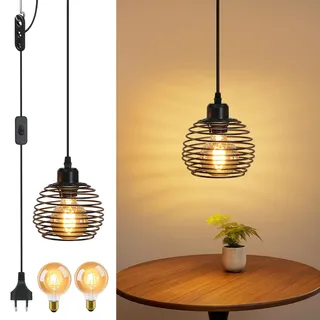 ZMH Pendelleuchte Vintage Hängelampe Schwarz E27 Pendellampe mit Stecker | Esstisch mit Schalter Retro 1 Flammig Industrial Metall Hängeleuchte für Schlafzimmer Wohnzimmer(2 Leuchtmittel)