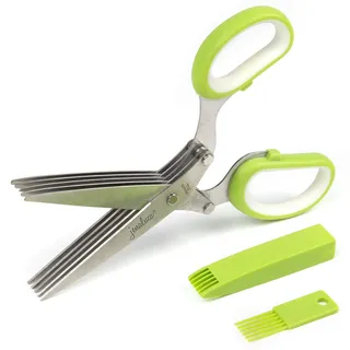 Jenaluca Kräuterschere mit 5 Klingen, Salatschere, Schneiden und Hacken von frischen Kräutern und Blattgrün, Edelstahl-Küchenscheren-Set mit Reinigungskamm und Sicherheitsabdeckung, Küchenhelfer, Grün