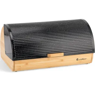 EliteHoff Brotkasten Bambus, Brotaufbewahrungsbox Edelstahl, Brotbox mit Rolldeckel, Brotkorb, Brotbehälter Metall Glänzend Schwarz (39 x 26 x 19 cm)
