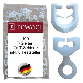 rewagi 100 T-Gleiter, Gardinenhaken & 8 Feststeller für T-Schienen, Überklipshaken, Faltenhaken - weiß