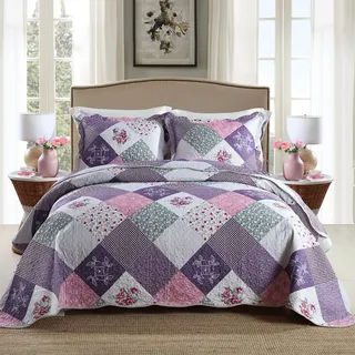 Qucover Tagesdecke Bettüberwurf für Doppelbett Gesteppte Decke Set mit Kissen Patchwork Tagesdecke mit Blumen Muster (Lila, 250x270cm)