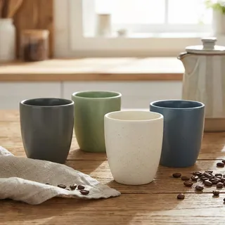 4er Becher Set Steingut 80ml, 4 Farben - Rustikale Kaffeebecher & Teetassen ohne Henkel für Heissgetränke, Kaffee & Espresso
