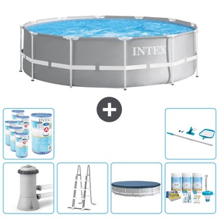 Intex Round Prism Frame Swimming Pool – 366 x 99 cm – Grau – inklusive Pumpe – Leiter Abdeckung - Wartungspaket - Filter - Reinigungskit