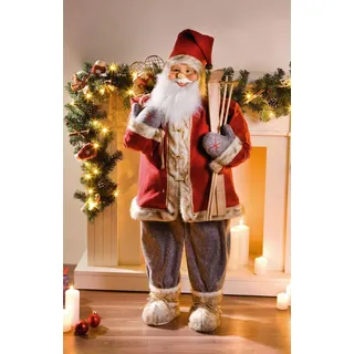 Dekoleidenschaft große Deko-Figur Nikolaus, 120 cm hoch, rot/grau, mit Geschenkesack und Ski, Nikolausfigur, Weihnachtsmann-Figur