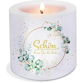 Kerze mit Spruch Schön, dass Du da bist als Tischdeko für Hochzeit, Geburtstag, Kommunion, Konfirmation, Taufe, Geburt. Kerze mit Motiv als originelle Deko Ø8 x Höhe 7,5cm