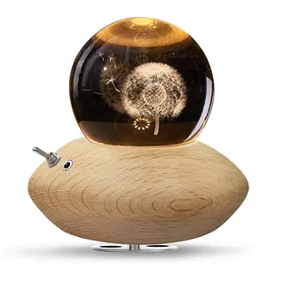 3D Kristallkugel Spieluhr,Löwenzahn Nachtlicht Spieluhr mit Warmem-Projektionsleuchte Holzsockel Rotierende K9 Spieluhren für Weihnachten Geburtstags