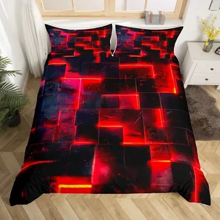 Homewish Schwarz und Rot Bettbezug für Einzelbett, modern, abstraktes Einzel-Bettwäsche-Set, 3D-leuchtendes Karomuster, Bettdeckenbezug, Farbverlauf, Gitter-Bettwäsche-Set, neoneckig, 2-teilig