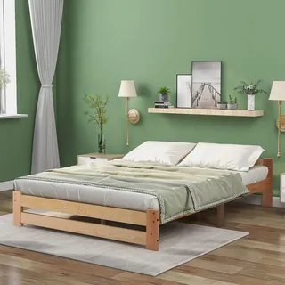 Aceinheu Solide Massivholzbett Futonbett Natur Bett mit Kopfteil & Lattenrost Holzbett Einzelbett Gästebett Komforthöhe 140x200cm Kiefer stabil ökologisch einfacher Aufbau (200x90cm)