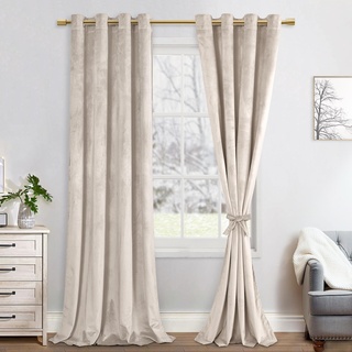 JIUZHEN Verdunklungsvorhang aus Samt, 2er Set Beige Samt Vorhang weiche blickdichte Gardinen Grün Samtvorhang mit Ösen Vorhänge Samt für Deko Schlafzimmer Wohnzimmer, 140x280cm (BxH),Beige