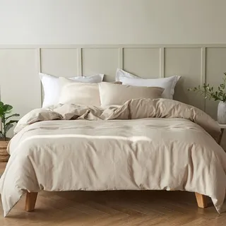 Simple&Opulence Doppelbett-Bettbezug mit 2 Kissenbezügen, weicher Baumwoll-Leinen-Bettbezug, Doppelbett-Bettwäsche-Set mit Knopfverschluss, hypoallergen, luxuriös, atmungsaktiv, 200x200 cm, Beige