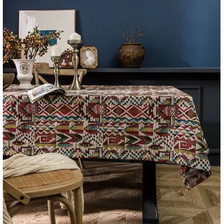 Lanqinglv Bohemian Tischdecke 140x140cm Abwaschbar Baumwolle und Leinen Tischtuch Rot Bunt Vintage Tischdecke Quadratisch Gartentischdecke Küchentischabdeckung für Speisetisch