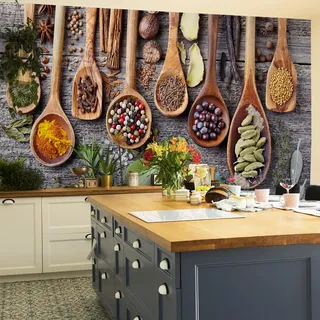 Muralo Tapete Selbstklebend Gewürze, Heilkräuter, Bretter - 254x184 cm