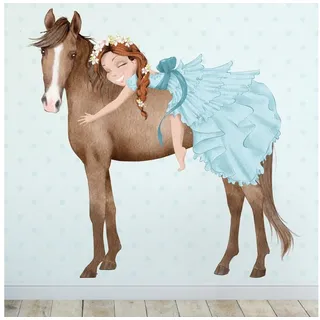Sunnywall Wandtattoo Prinzessin Mädchen auf Pferd, Wandaufkleber Kinderzimmer, Pferde, selbstklebend, rückstandslos entfernbar braun