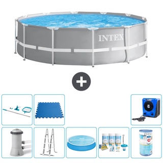 Intex Round Prism Frame Swimming Pool – 366 x 99 cm – Grau – inklusive Pumpe – Leiter Sonnensegel - Wartungspaket - Filter - Reinigungskit ...