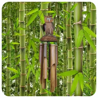 SIMANDRA Hängedekoration Windspiel Eule, Aus Holz und Bambus Klangspiel beige