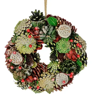 Kunstkranz I.GE.A. "Natur-Kranz mit echten Zapfen Lotus Perlen Beeren", rot (burgund), B:23cm H:23cm L:6cm, Natur, Kunstpflanzen, Türkranz Tischkranz Adventsdeko Adventskranz Weihnachtsdeko