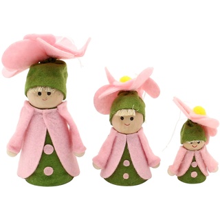 Dekohelden24 3er Set Filz-Püppchen zum Hinstellen oder Aufhängen, Kutte Hut, 3 unterschiedliche Größen von 6 bis 12 cm, Rosa-Blume