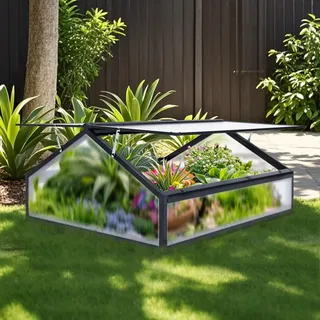 Gegaden Gewächshaus Alu Frühbeet Hochbeet Tomatenhaus, Aufzuchtstation für Pflanzen Treibhaus, mit UV-Schutz Doppeldach lichtdurchlässig Scharnieren Frühbeetaufsatz, 117 x 97 x 52,5 cm, Schwarz, 10kg