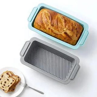 Romon Silikon Brotbackform, 2er Kastenform, Rechteckige Brötchen Backform mit Rutschfesten Griffen, BPA-frei Kuchenform Kasten, Stapelbar Silikonbackform für Haushalt und Familienbacken (Blau Grau)