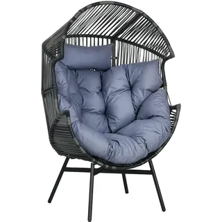 Outsunny Rattansessel, Rattan Korbsessel mit dickem Sitzkissen, Gartensessel in Eiform, 120 kg belastbar, für Terrasse, Garten, Grau