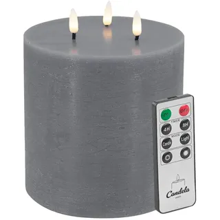 Candela Lights LED Kerze 3-Docht H:15xØ15cm grau rustic Stumpenkerze Echtwachs mit Fernbedienung & Timerfunktion Flammenlose flackernde LED-Kerze mehrstufig dimmbar