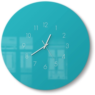 DEQORI Glasuhr | rund Ø 50 cm | Unifarben - Türkis | große XXL Design Uhr aus Glas | leise Wanduhr für Wohnzimmer & Küche | Moderne Hingucker Uhr für die Wand
