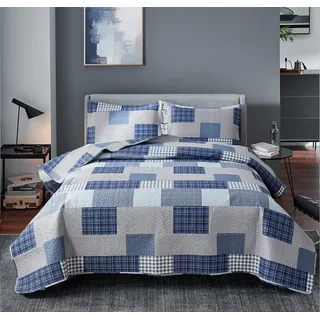Tagesdecken-Set, King-Size-Größe, kariert, Steppdecke, King-Size-Bett, grau, blau, Patchwork, Moderne, leichte Steppdecke, Tagesdecke, wendbar, weiches Polyester, 3-teiliges Steppdecken-Set