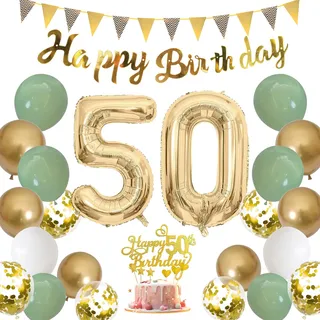 Moorle 50. Geburtstag Deko für Frau und Mann - Salbeigrüne Dekoration mit Luftballons, Party Ballons, Banner, Flaggen und Tortendeko