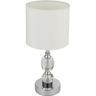 Nachttischlampe Kristallglas Tischleuchte Glasfuss Tischlampe Wohnzimmer chrom, Textil weiß, 1x E14 Fassung, DxH 15x34 cm