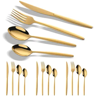 YDware Besteck Gold, 16 Stück Gold Besteck Set für Haus Küche Restaurant Gabeln Löffel Teelöffel Steakmesser Cutlery Set, Für 4 Personen