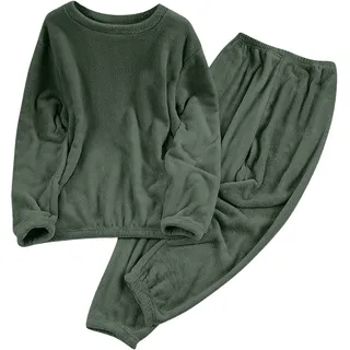 Schlafanzug Damen Winter Thermo Pyjama Lang Fleece Hausanzug Kuschelig Warm Pyjama Set Flauschig Freizeitanzug Polar Jogginganzug Rundhals Nachtwäsche - L