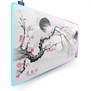 Nyfter - XXL Gaming Mauspad Sakura Weiß 900 x 500mm Premium Fuji Mousepad Size Groß vernähte Kanten langlebig mit high-end Glide und Anti-Rutsch Speed Gaming Mauspad (Premium Sakura White (RGB))