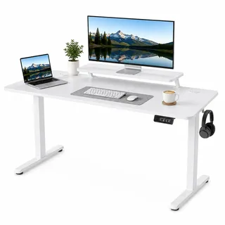 DUMOS Höhenverstellbarer Schreibtisch 160 x 60 cm, Elektrischer Schreibtische Höhenverstellbar, Gaming Tisch mit Monitorständer, Stehpult Verstellbarer Computertisch, Adjustable Standing Desk, Weiß