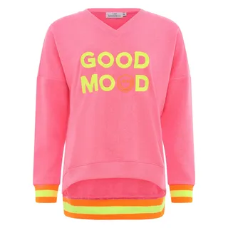 Sweatshirt ZWILLINGSHERZ "Dana" Gr. SM, pink Damen Sweatshirts mit V-Ausschnitt, Frontprint, Vokuhila Schnitt, neonfarben