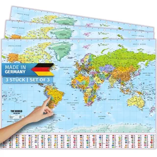 Weltkarte XXL Poster im Riesenformat mit Fahnen & Flaggen - Top Qualität 140x100cm (3 Stück)