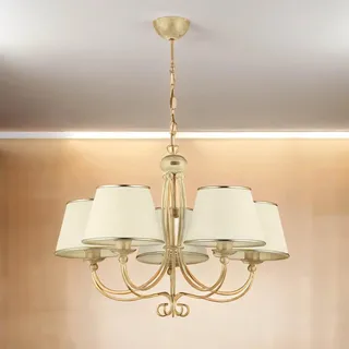 Licht-Erlebnisse Shabby Kronleuchter mit Schirm in Gold Weiß 5-armig BERTHA Hängelampe Esstisch Wohnzimmer