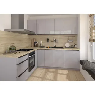 Feldmann-Wohnen L-Form Küchenzeile Essen Trend 270 x 230 cm Grau Acryl Hochglanz